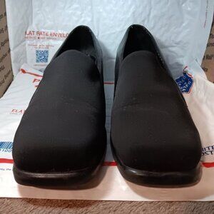 AeroSoles Women’s Black Leather/fabric Slide On Wedge Square Toe Shoes